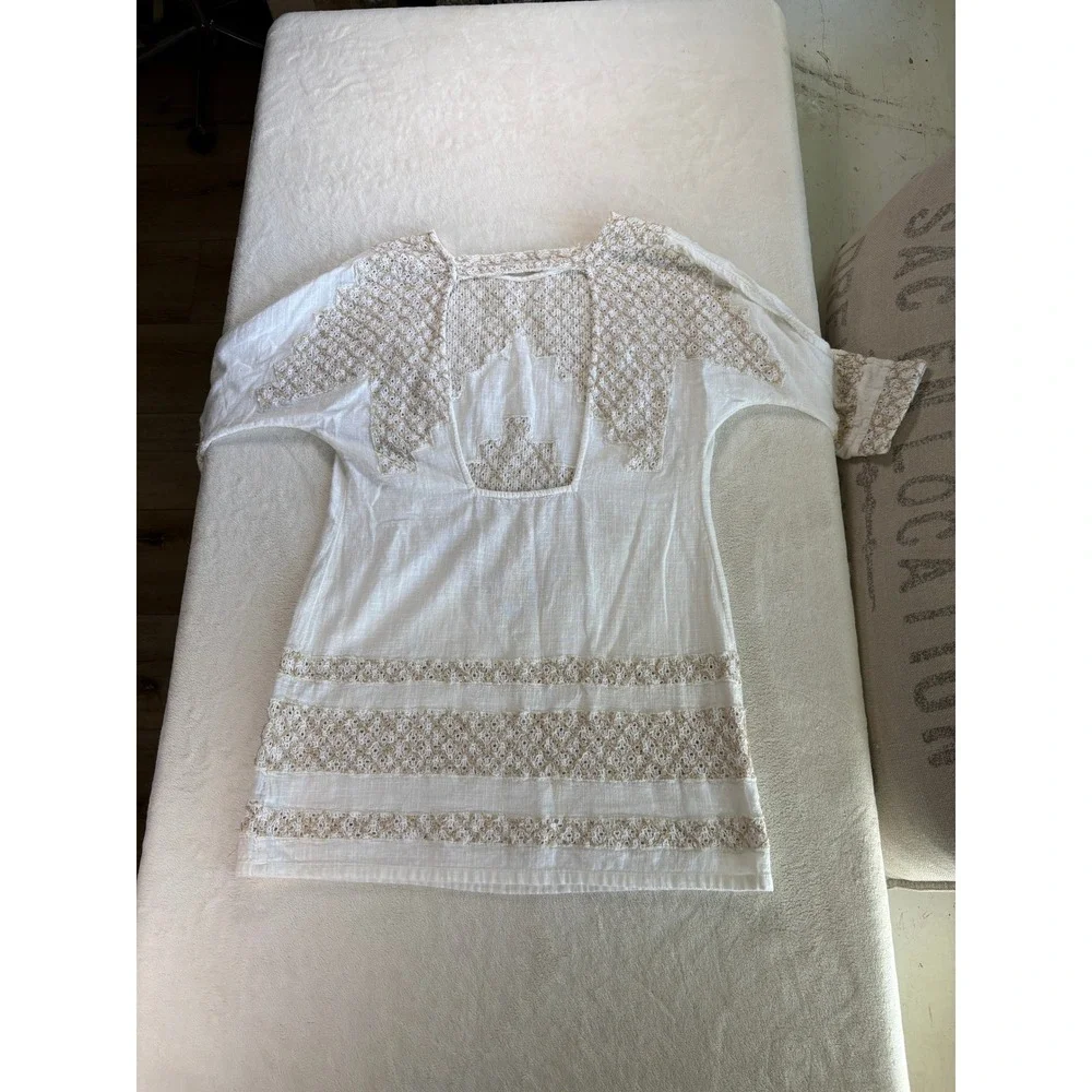 Free People White‎ Embroidered Boho Open-Back Tunic Top XS Cotton Peasant